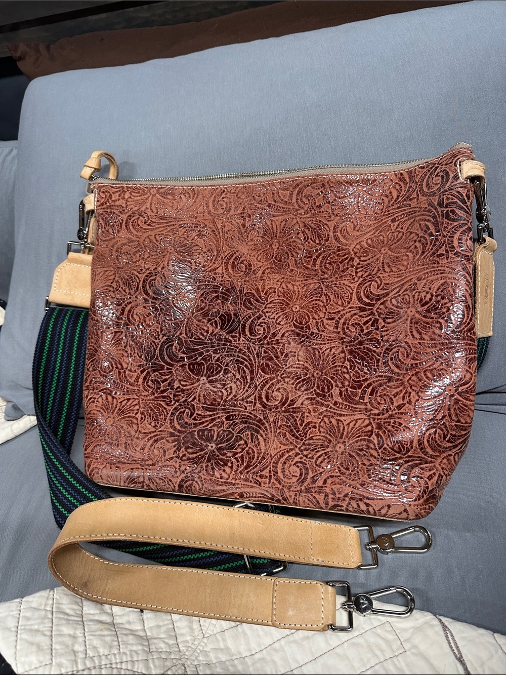 Consuela Brown Tooled Leather Sally Hobo Crossbody with leather & woven straps - Picture 13 of 14